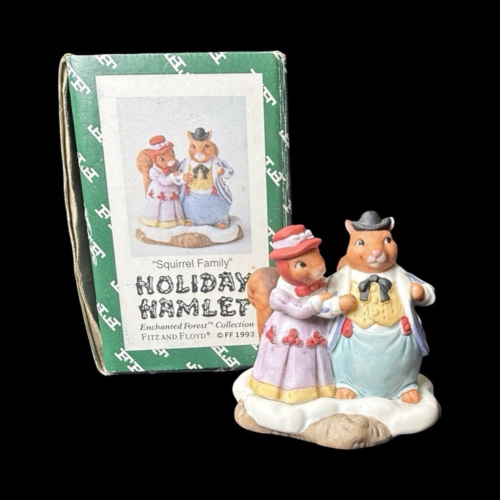 Fitz & Floyd Enchanted Forest Holiday Hamlet Squirrel Family Figurine 1993‎